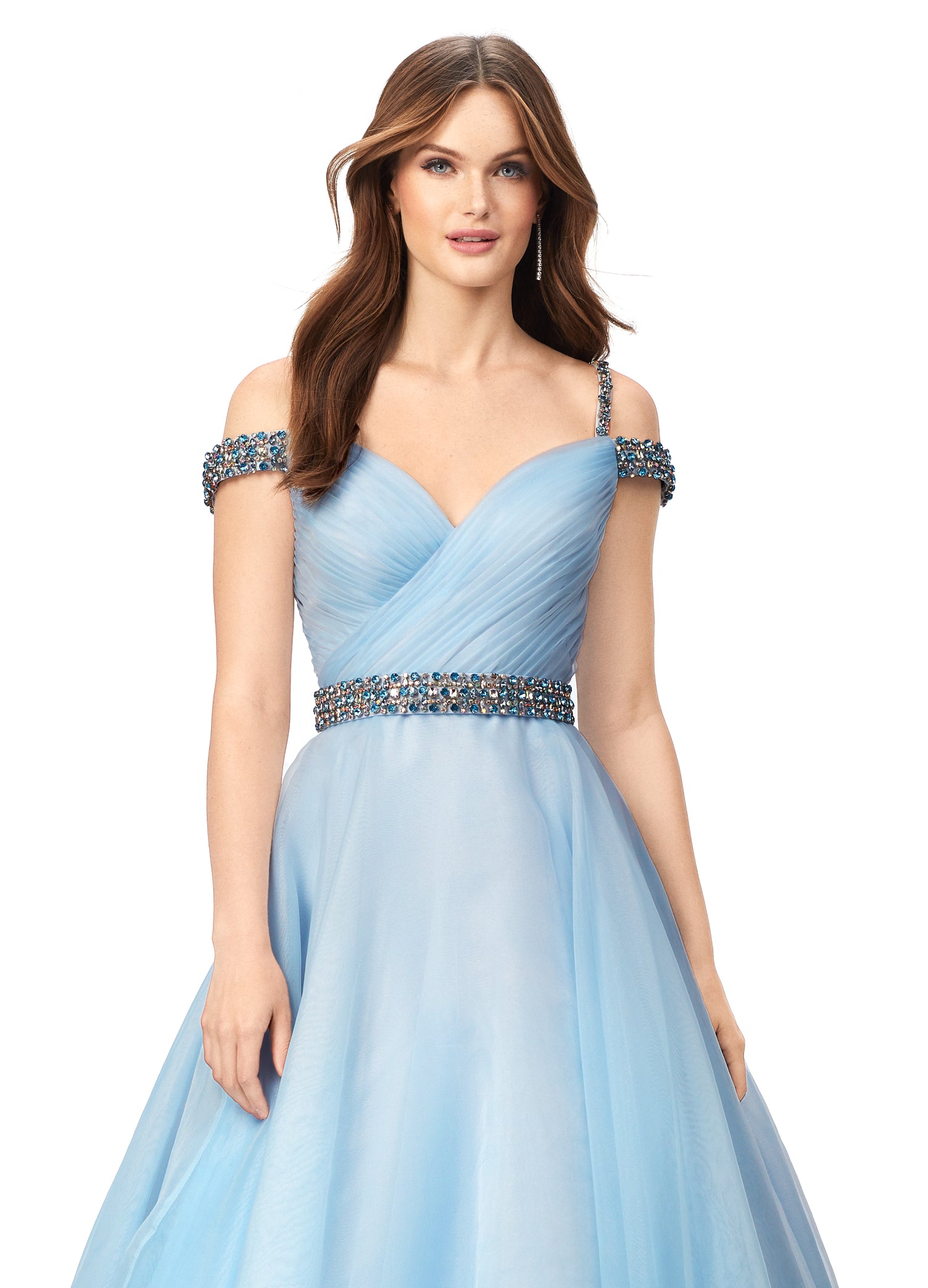 Ashley Lauren 11221 Dazzle in this off shoulder organza ball gown. The wrap bustier is complete with ruching and the spaghetti straps, off shoulder straps and belt are encrusted with rhinestones.