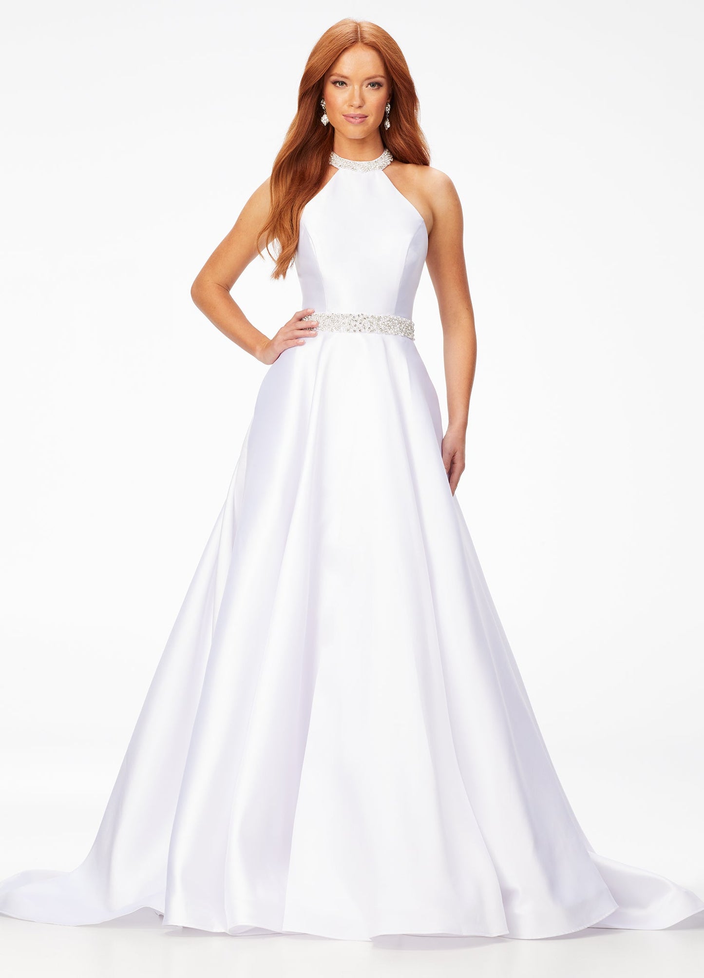 Ashley Lauren 11230 This a line gown features a crystal and pearl encrusted halter neckline and waistline. This gown would be perfect for your next event! Halter Bustier Crystal & Pearl Neckline & Belt Ball Gown Skirt Mikado