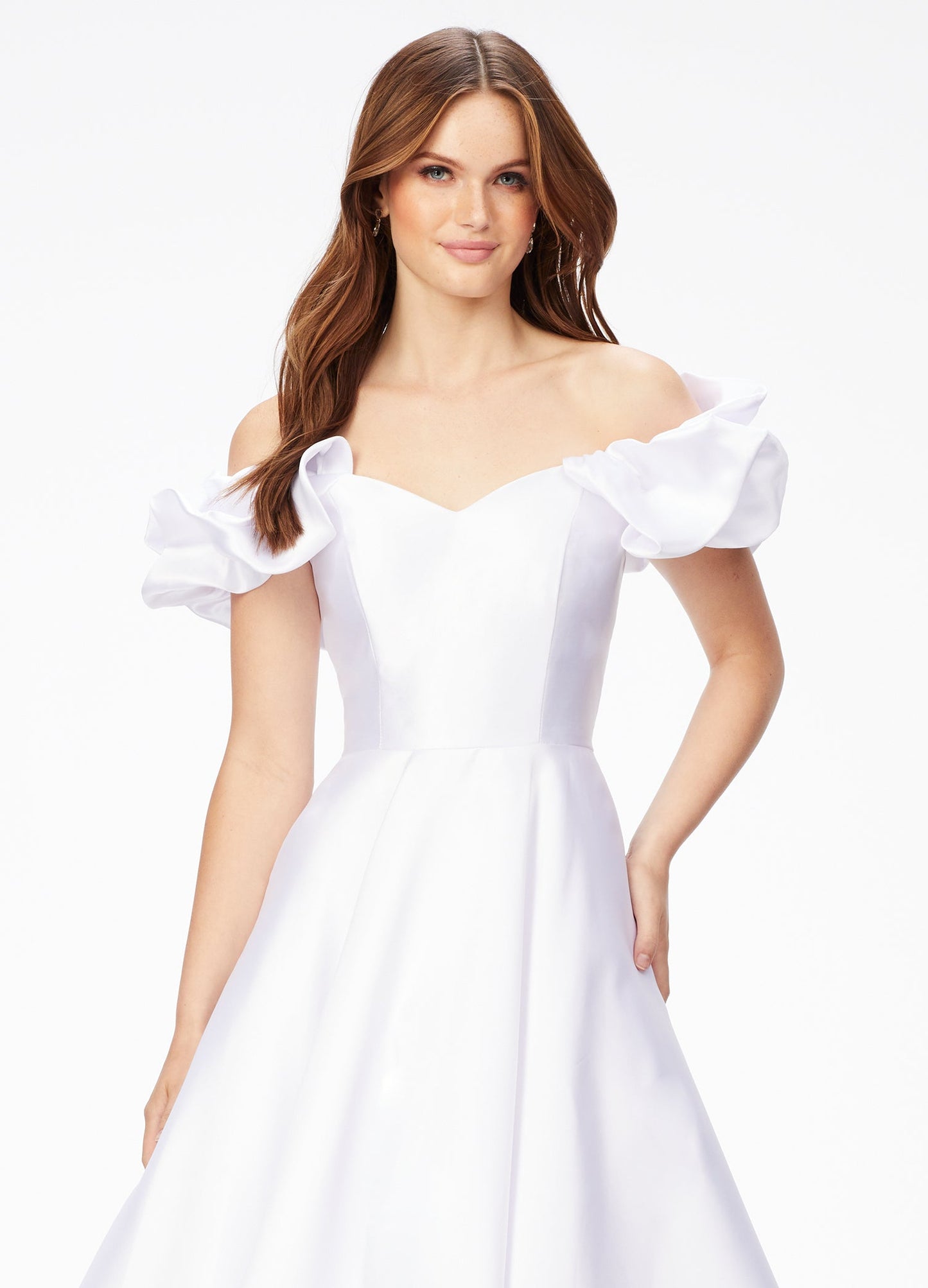 Ashley Lauren 11231  We love a ruffle moment! This a-line gown features a sweetheart neckline and oversized ruffle off shoulder sleeves. Sweetheart Neckline Off Shoulder Ball Gown Skirt Mikado