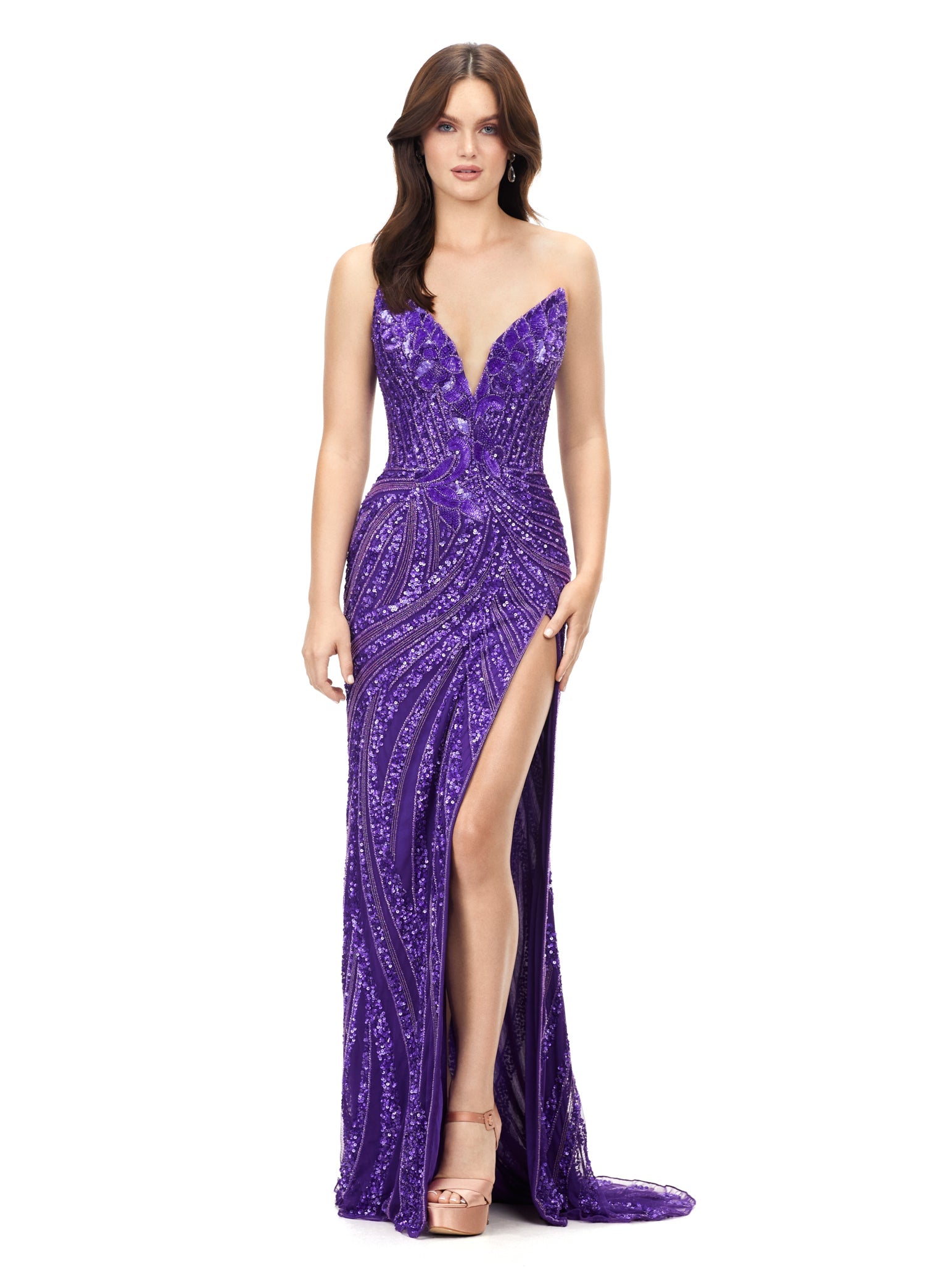 Ashley Lauren 11236 Long Fitted V Neck Slit Beaded Sequin Prom Dress Pageant Gown This strapless gown is sure to turn heads. The sweetheart neckline is complete with a modern floral sequin motif that continues down the bustier and skirt. The skirt is complete with a left leg slit. Strapless Bustier Left Leg Slit Fully Hand Beaded COLORS: Gold, Rose Gold, Gold/Black, Sky/Nude, Gold/Ivory, Fuchsia/Black, Purple, Red, Fuchsia, Bright Pink, Blue/Jade Sizes: 0-16