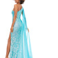Ashley Lauren 11371 One Shoulder Prom Dress fully sequence with shoulder cape and slit.  Colors : Candy Pink, AB Turquoise, Coral, Emerald, Royal, Sky  Sizes: 0-24  One Shoulder Shoulder cape Slit Fully sequenced 