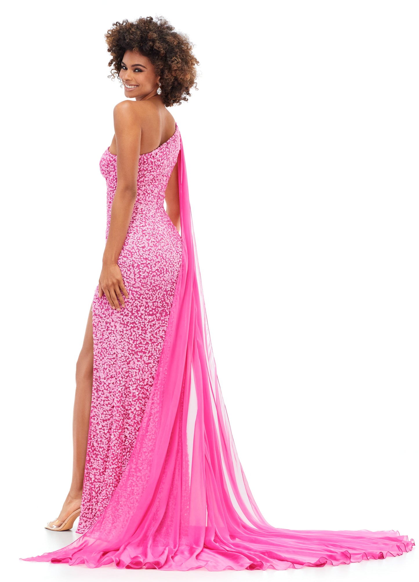 Ashley Lauren 11371 One Shoulder Prom Dress fully sequence with shoulder cape and slit.  Colors : Candy Pink, AB Turquoise, Coral, Emerald, Royal, Sky  Sizes: 0-24  One Shoulder Shoulder cape Slit Fully sequenced 