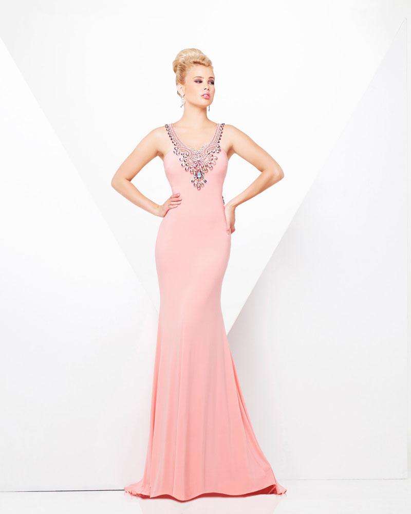 Tony Bowls Paris long fitted Jersey Backless Dress. Formal prom and Pageant dress. iridescent embellishments.  115709  Available Colors: Mint, Coral  Available Size: 6 