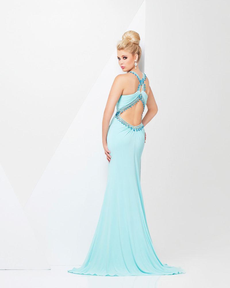 Tony Bowls Paris long fitted Jersey Backless Dress. Formal prom and Pageant dress. iridescent embellishments.  115709  Available Colors: Mint, Coral  Available Size: 6 