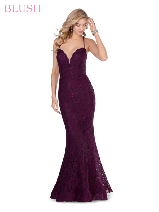 Blush Prom Dress 11905 is an Elegant Fitted Lace prom dress with a slight Mermaid Silhouette, A plunging V Neckline and a mid-rise back with straps. This Gown is an Absolute Show Stopper!  Available in Sizes: 0  Colors: Aubergine