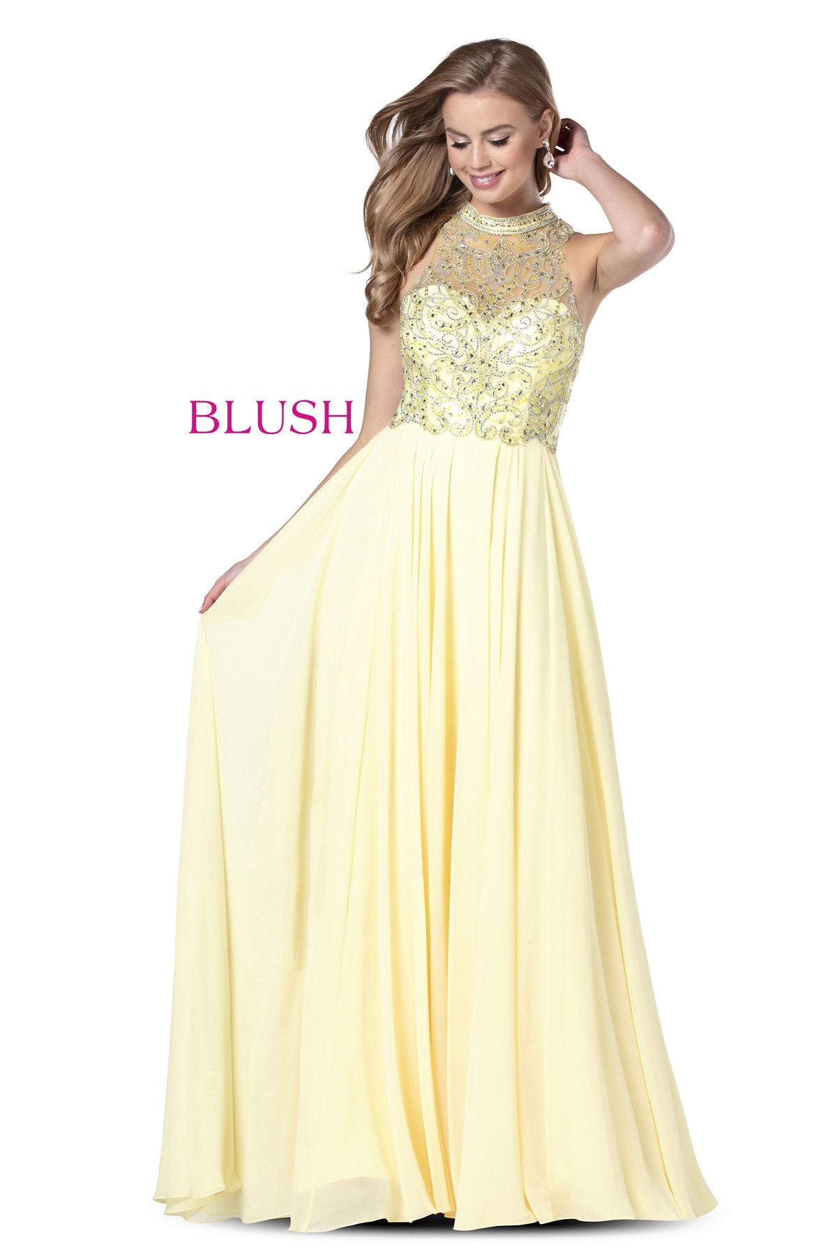 Blush Prom 11942 Size 10 White Chiffon A Line Prom Dress Embellished High Neckline 2020