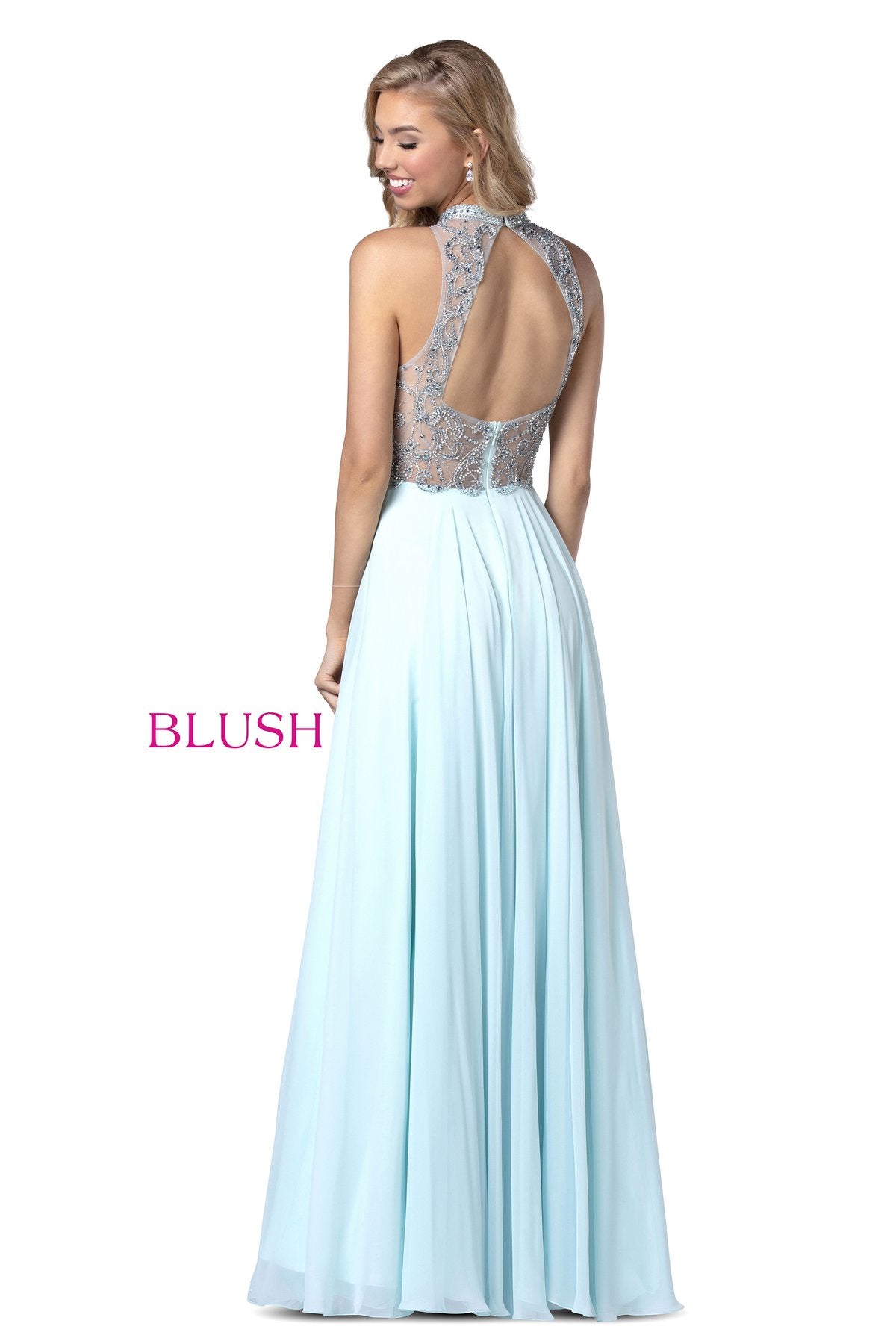 Blush Prom 11942 Size 10 White Chiffon A Line Prom Dress Embellished High Neckline 2020