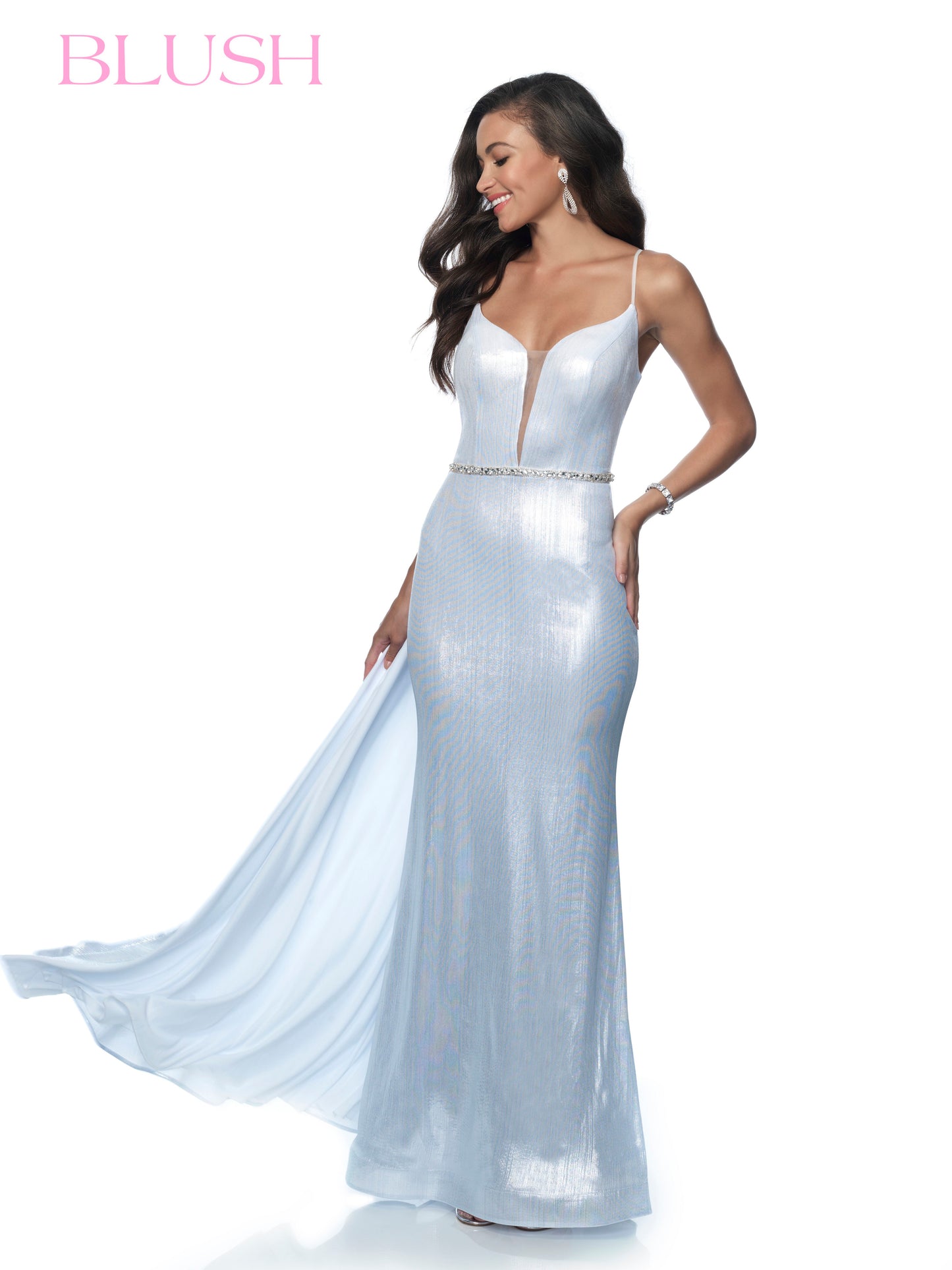 Blush Prom 11983 Size 12 Sapphire Long Metallic Prom Dress Plunging Neckline Sheer Back