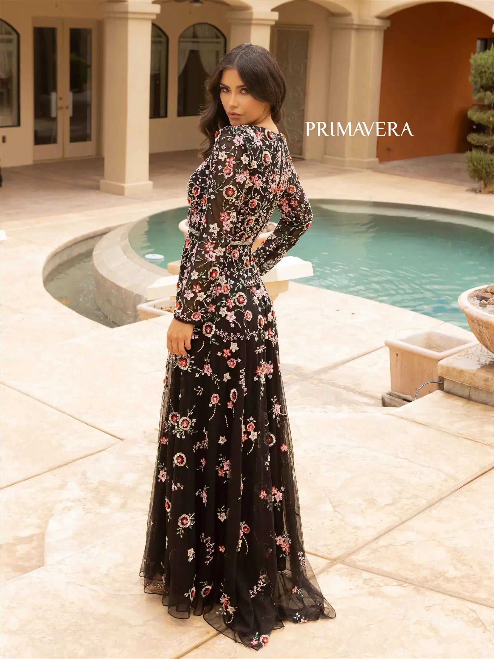 Primavera Couture 12006 Prom Dress Long Beaded Dress. This gown has sheer arms with beaded flowers all over. 