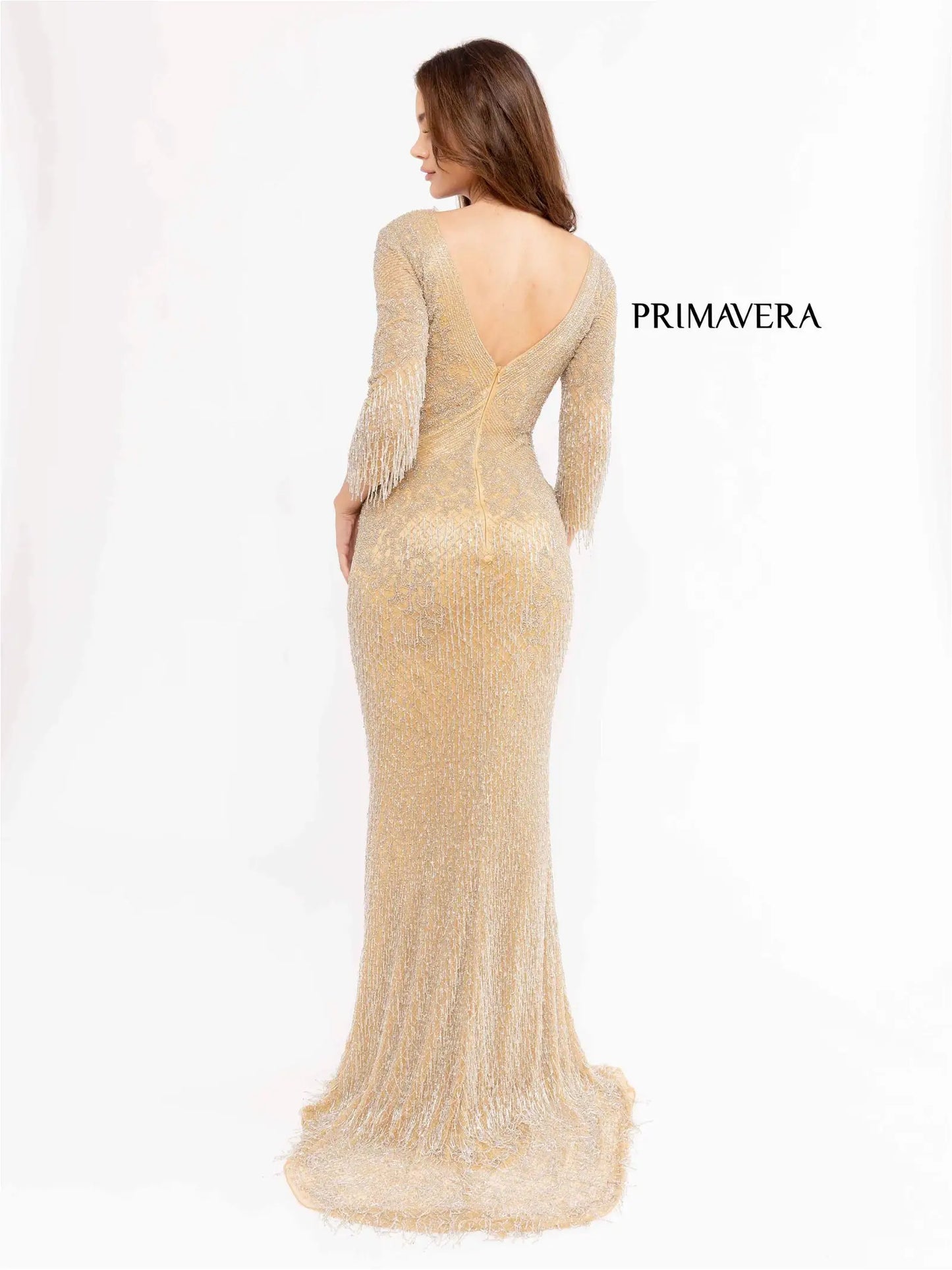 Primavera Couture 12032 Prom Dress Long Beaded Gown. Such a beautiful gown with 3 quarter sleeves and it has FRINDGE!!!!!