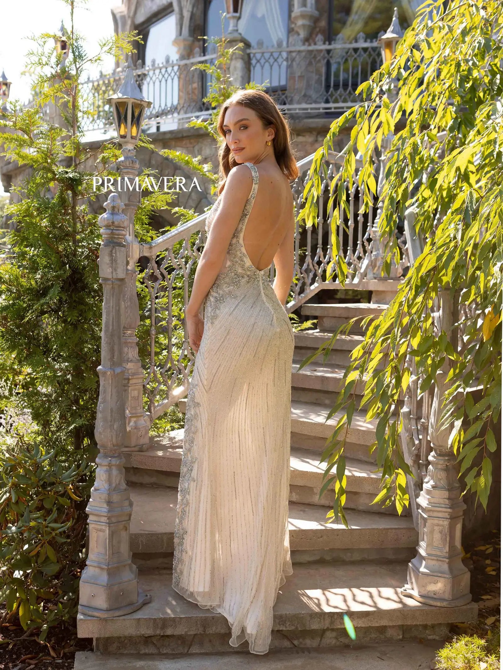 Primavera Couture 12056 Long Crystal Beaded Prom Dress Backless V Neck Slit Pageant Gown Couture  Sizes: 000-24  Colors: Rose, Nude