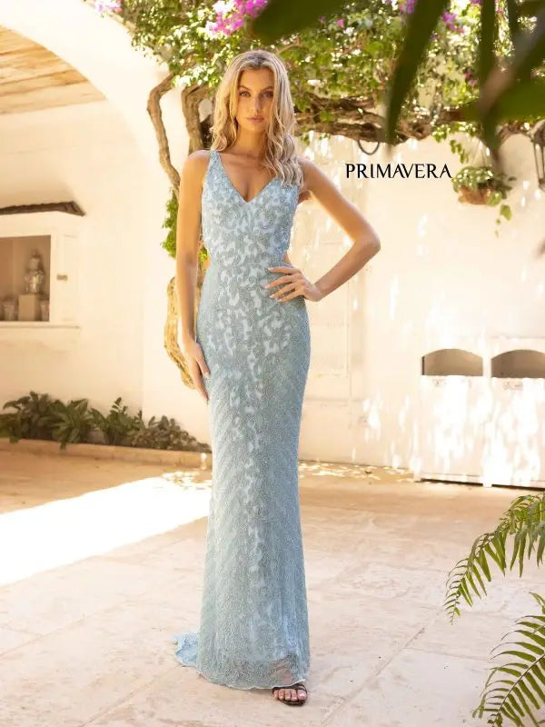 Primavera Couture 12061 Prom Dress Long Beaded gown. This gown has such a beautiful design on it. it also has an open back. 