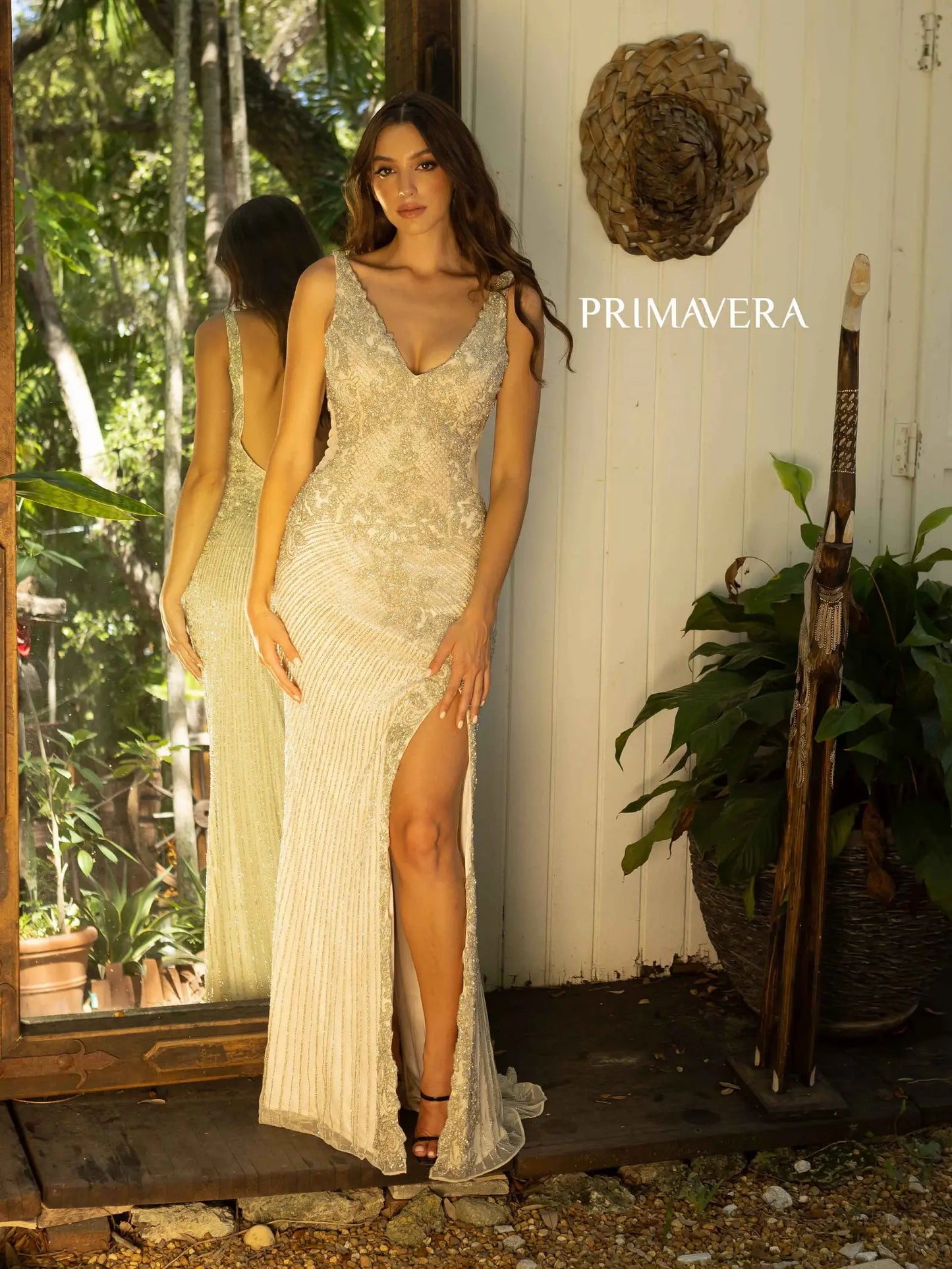 Primavera Couture 12065 Long Fitted Crystal Beaded Prom Dress Slit Pageant Gown Formal v neck  Sizes: 000,00,0,2,4,6,8,10,12,14,16,18,20,22,24  Colors: DARK NUDE, ROSE, NUDE SILVER