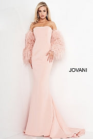 Jovani 1226 Long Fitted Formal Evening Gown Fur Sleeves White Dress Wedding