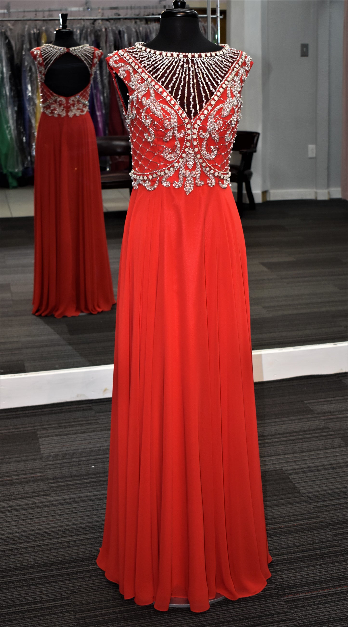 Jovani JVN31435 Size 6 Red sleeveless beaded Illusion Prom Dress gown Beaded
