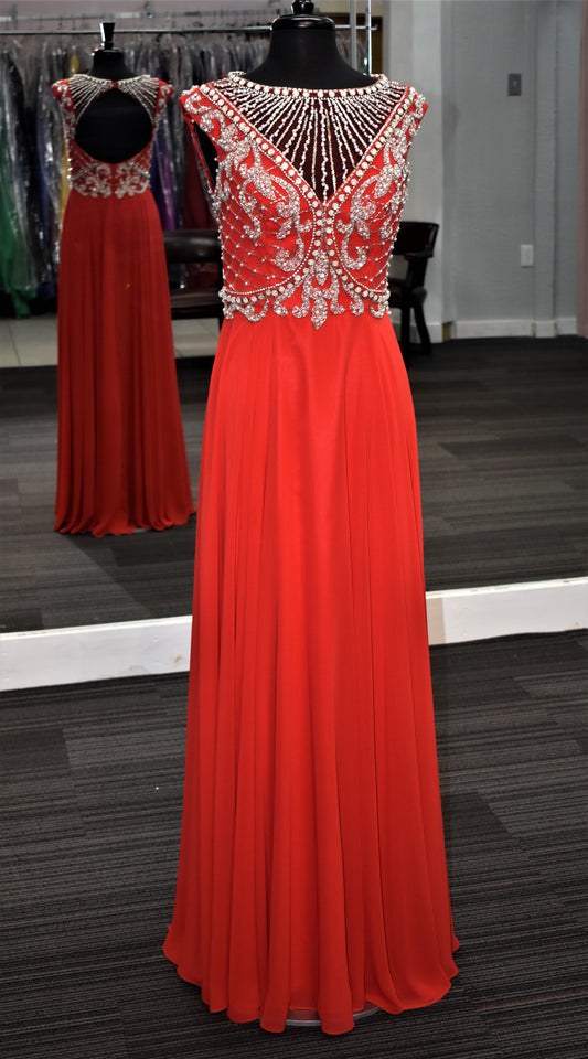 Jovani JVN31435 Size 6 Red Long beaded Prom Dress High Neck Formal Gown Backless