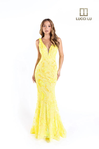 Lucci Lu 1230 Size 18 Neon Yellow Long Fitted Sequin Neon Prom Dress V Neck Formal Pageant Gown Backless Lucci Lu 1230 Size 18 Neon Yellow Long Fitted Sequin Neon Prom Dress V Neck Formal Pageant Gown Backless