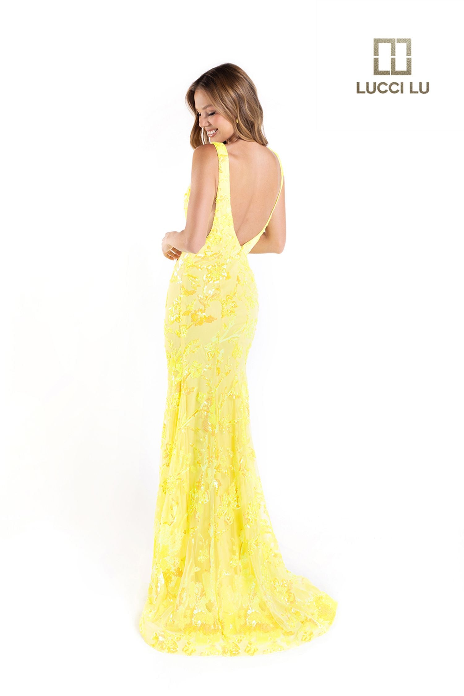 Lucci Lu 1230 Long Fitted Sequin Neon Prom Dress V Neck Formal Pageant Gown Backless  Sizes: 00-24  Colors: Neon Orange, Neon Pink, Neon Yellow