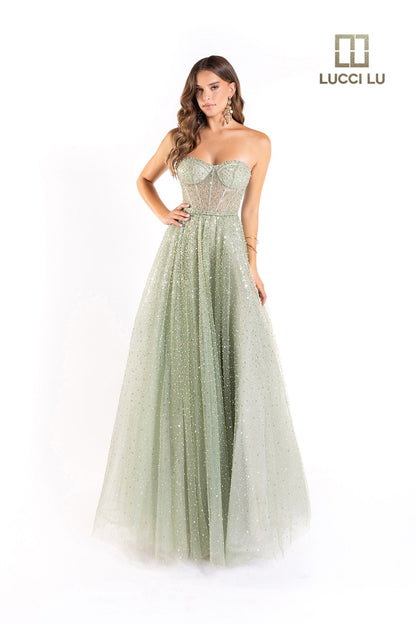 open lace back dress Lucci Lu 1233 Size 14 Dusty Sage Long Beaded A Line Sheer Corset Ballg –  Glass Slipper Formals