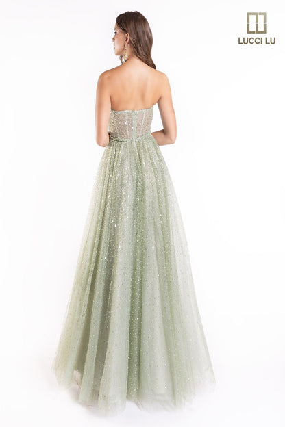 Look spectacular in the Lucci Lu 1233 Long Beaded A Line Dress. With a sheer corset bodice and a full A line skirt, this timeless style is perfect for formal events. This dress is adorned with intricate beading throughout and is constructed with quality materials for a luxurious finish. Stand out and make a statement in this elegant evening gown.  Sizes: 00-20  Colors: Lilac, Dusty Sage