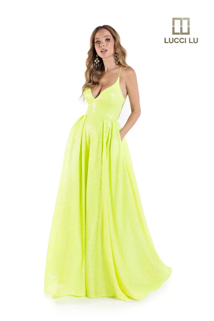 Lucci Lu Sequin Neon A Line Ballgown Backless Corset Prom Dress Pockets Formal Gown   Sizes: 00-16  Colors: Orange, Neon Pink, Bubblegum Pink, Dolphin Blue
