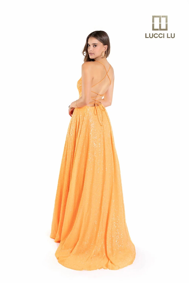 Lucci Lu Sequin Neon A Line Ballgown Backless Corset Prom Dress Pockets Formal Gown   Sizes: 00-16  Colors: Orange, Neon Pink, Bubblegum Pink, Dolphin Blue