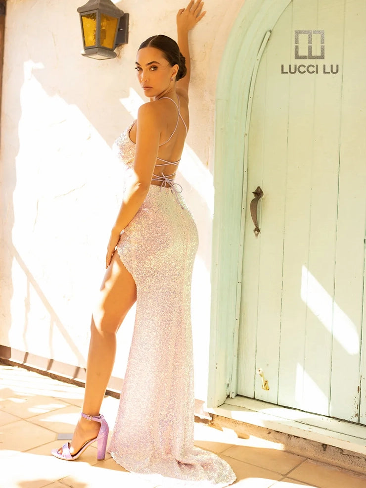 Lucci Lu 1248 Long Fitted Sequin Maxi Slit Backless Corset Prom Dress Formal Gown  Sizes: 00-12  Colors: Blue, Yellow, Lilac