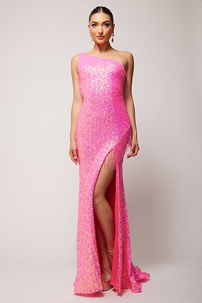 Vienna Prom Dress 8857 Fuchsia One Shoulder Evening Gown with Fringe Slit that Runs up the Side of the Dress to the Hip and Spaghetti Straps Down the Back Vienna Prom Dress 8857 Size 10 Fuchsia Sequin One Shoulder Prom Dress Fringe Slit Gown  Size: 10  Color: Fuchsia