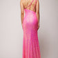 Vienna Prom Dress 8857 Fuchsia One Shoulder Evening Gown with Fringe Slit that Runs up the Side of the Dress to the Hip and Spaghetti Straps Down the Back Vienna Prom Dress 8857 Size 10 Fuchsia Sequin One Shoulder Prom Dress Fringe Slit Gown  Size: 10  Color: Fuchsia