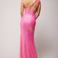 Vienna Prom Dress 8857 One Shoulder Evening Gown with Fringe Slit that Runs up the Side of the Dress to the Hip and Spaghetti Straps Down the Back Vienna Prom Dress 8857 One Shoulder Sequin Fringe Slit Prom Dress Pageant Gown Formal  Sizes: 00-16  Colors: Fuchsia, Lt. Multi, Orange