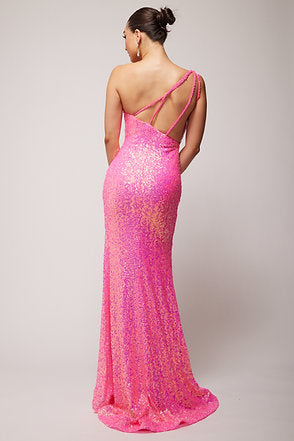 Vienna Prom Dress 8857 One Shoulder Evening Gown with Fringe Slit that Runs up the Side of the Dress to the Hip and Spaghetti Straps Down the Back Vienna Prom Dress 8857 One Shoulder Sequin Fringe Slit Prom Dress Pageant Gown Formal  Sizes: 00-16  Colors: Fuchsia, Lt. Multi, Orange