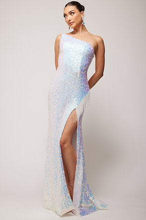 Vienna Prom Dress 8853 Long Sequin Prom Dress Fringe Slit Backless Crystal Sheer Formal Gown 00 / Emerald