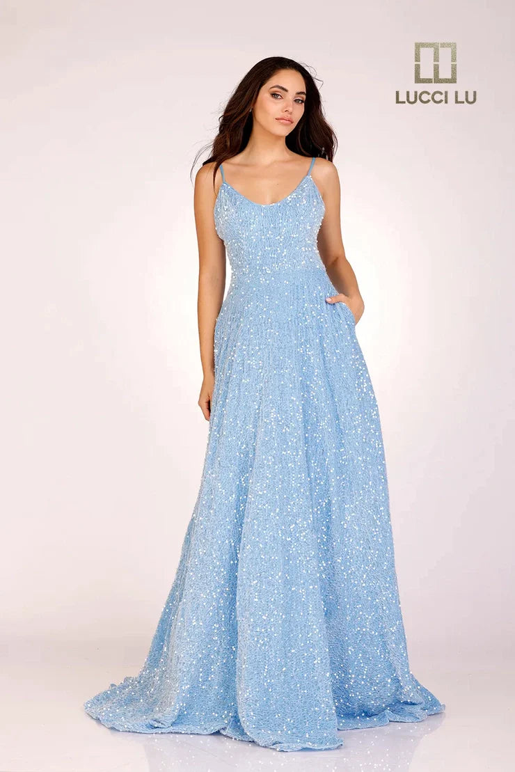 Lucci Lu 1273 Long A Line Velvet Sequin Ball Gown Backless Prom Dress Corset V neck Corset    Sizes: 00-16  Colors: Sky Blue, Hot Pink