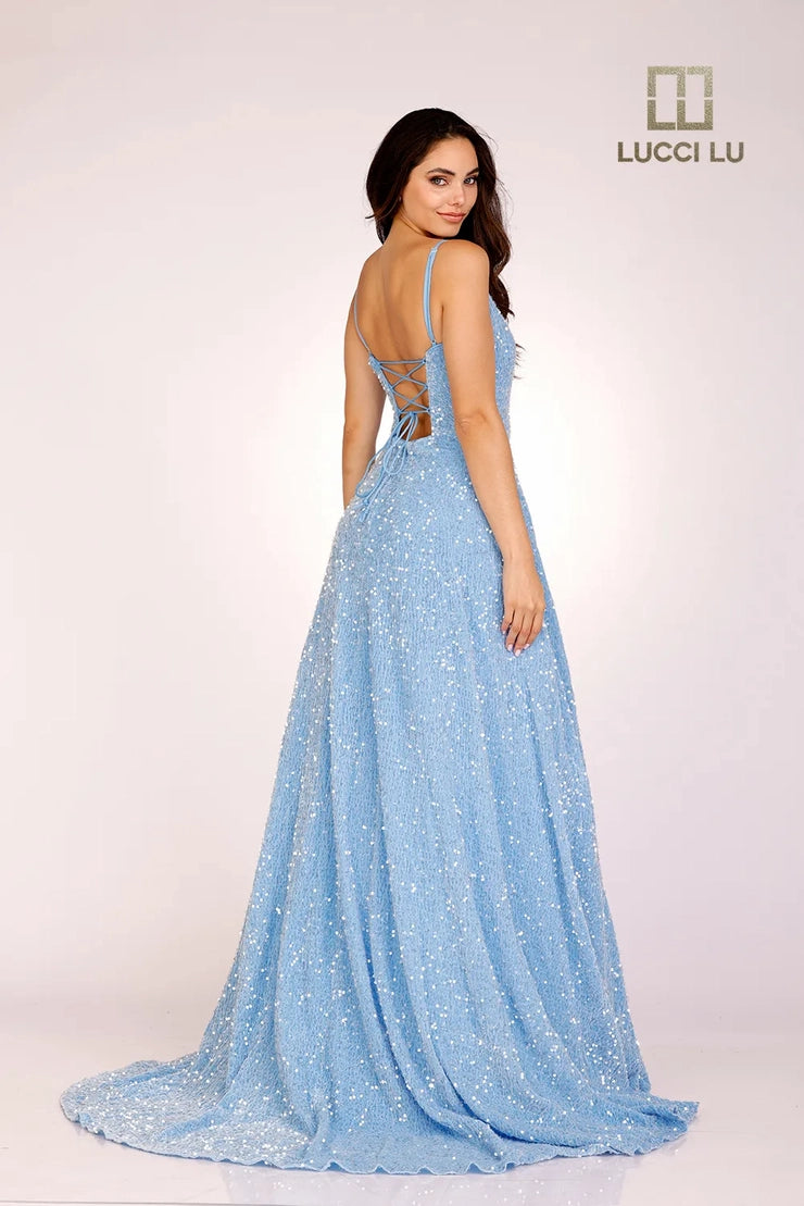 Lucci Lu 1273 Long A Line Velvet Sequin Ball Gown Backless Prom Dress Corset V neck Corset    Sizes: 00-16  Colors: Sky Blue, Hot Pink