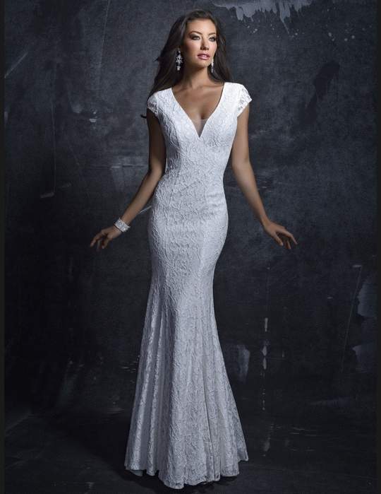 Nina Canacci 1279 size 2, 4, 6, 8, 10 Ivory v neckline cap sleeves with circle cutout back lace fitted mermaid wedding dress destination bridal gown prom dress. 