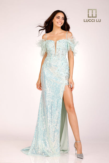 Lucci Li 1282 Long Fitted Sequin Sheer Lace Feather off the Shoulder Prom Dress Formal Gown Corset Back  Sizes: 00-12  Colors: Light Blue, Light Green, Light Pink