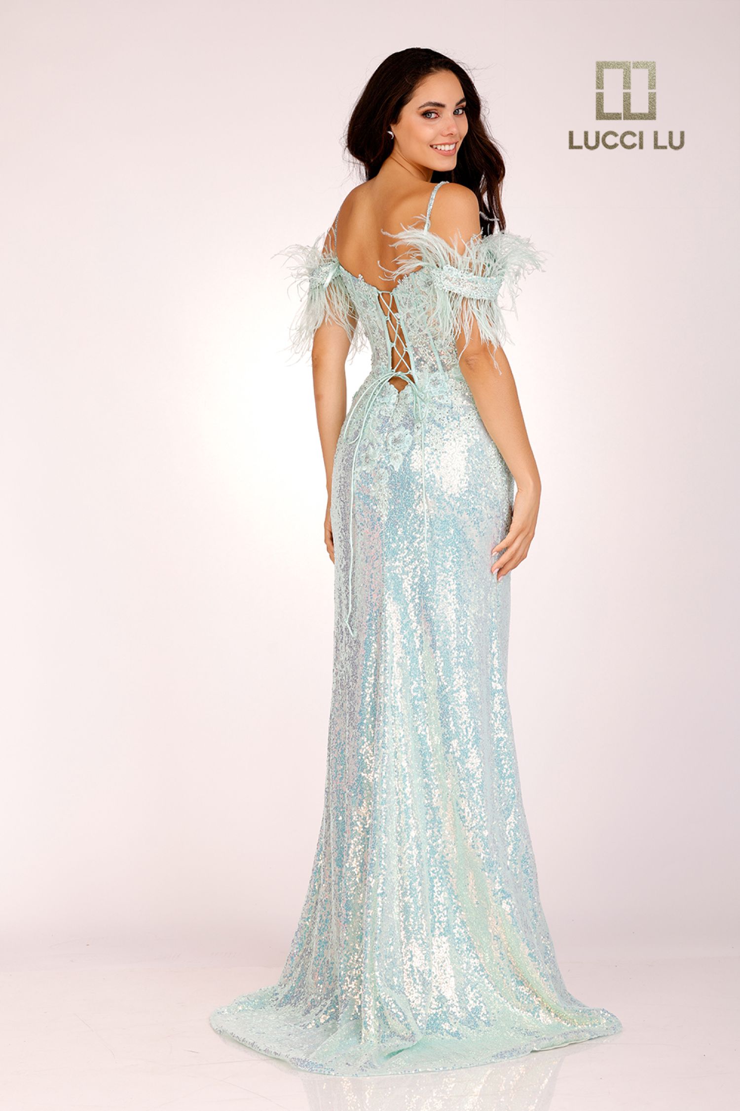 Lucci Lu 1282 Long Fitted Sequin Sheer Lace Feather off the Shoulder Prom Dress Formal Gown Corset Back  Sizes: 00-12  Colors: Light Blue, Light Green, Light Pink