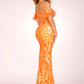 Lucci Lu 1287 Long Fitted Sequin Feather off the Shoulder Prom Dress Side Slit Neon Corset Gown  Sizes: 00-22  Colors: Neon Orange, Neon Pink, Neon Yellow