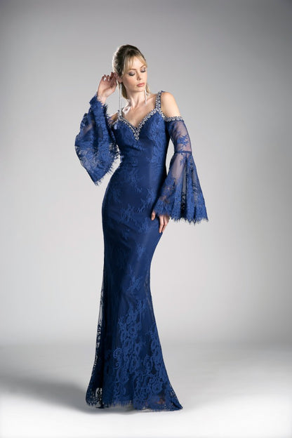 CD 13112 Size 10 Navy Lace off the shoulder bell sleeve mother of dress formal evening gown