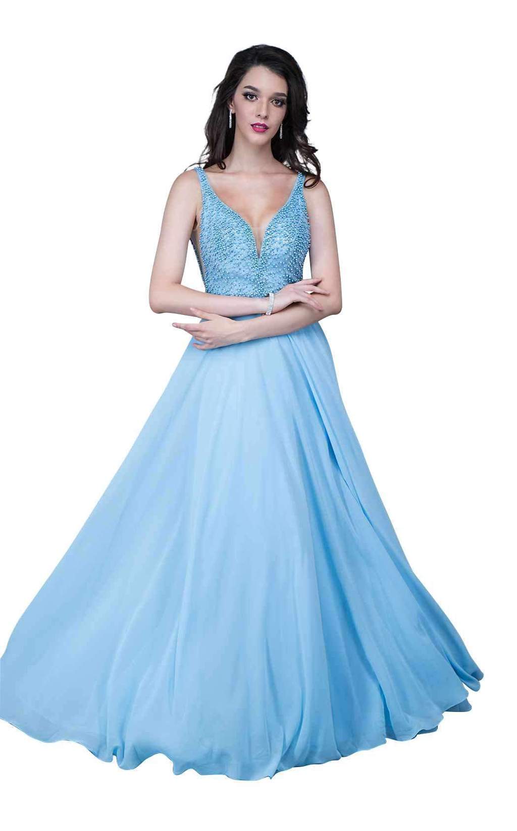 Nina Canacci 1336 Size 4 Long A Line Prom Dress Embellished V Neck Bodice Blue