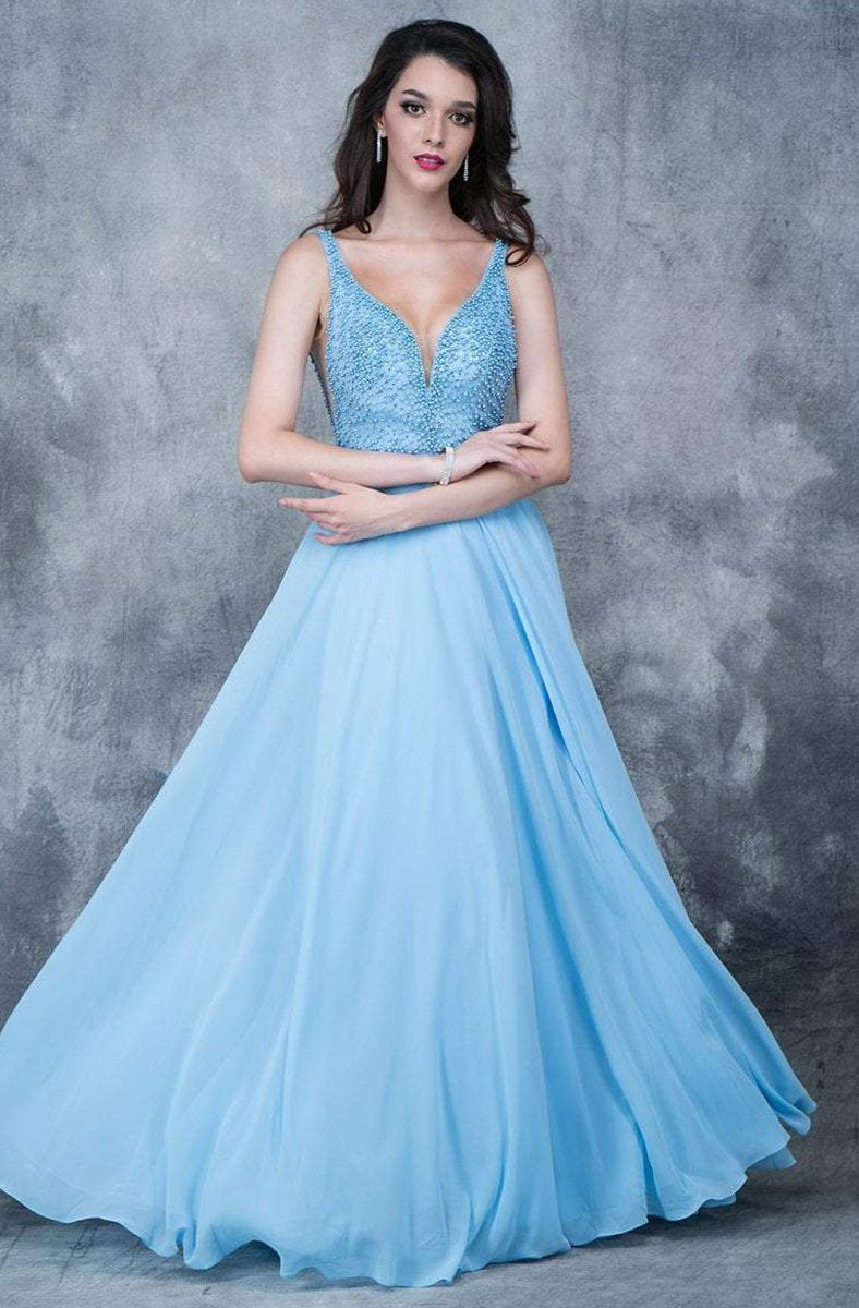 Nina Canacci 1336 Size 4 Long A Line Prom Dress Embellished V Neck Bodice Blue