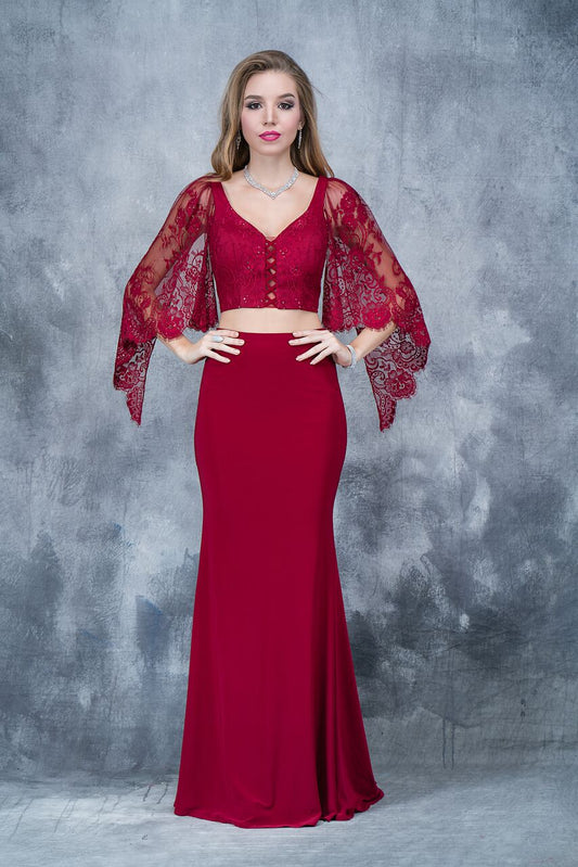 Nina Canacci 1340 two piece long dress with lace bell sleeve top   Color;  Burgundy