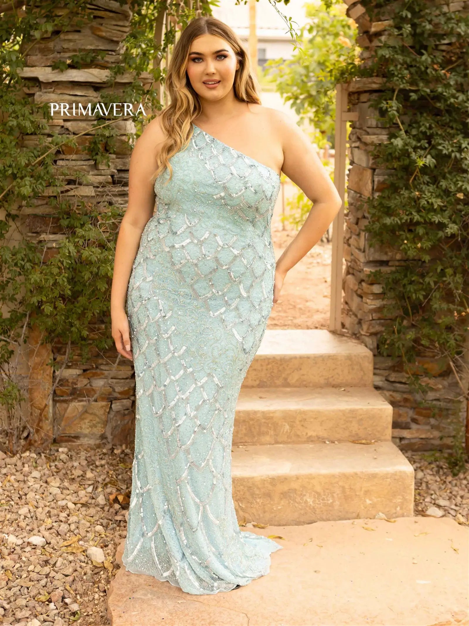 Primavera Couture 14002 Long Beaded Sequin Plus Size One Shoulder Prom Dress Formal Gown Curvy  Sizes: 14-24  Colors: LIGHT TURQUOISE, NEON PINK, ROYAL BLUE, BLACK, RED