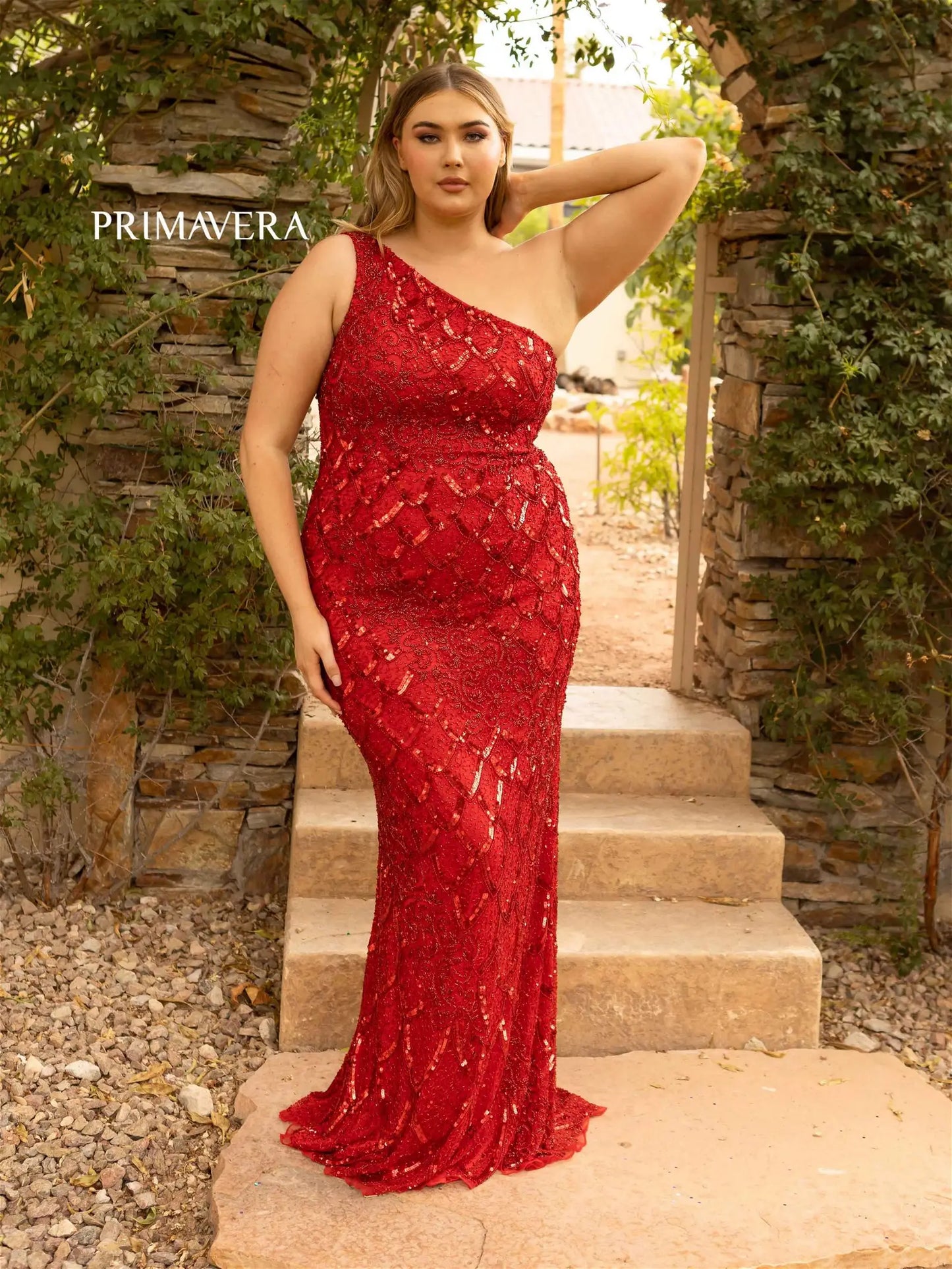 Primavera Couture 14002 Long Beaded Sequin Plus Size One Shoulder Prom Dress Formal Gown Curvy  Sizes: 14-24  Colors: LIGHT TURQUOISE, NEON PINK, ROYAL BLUE, BLACK, RED
