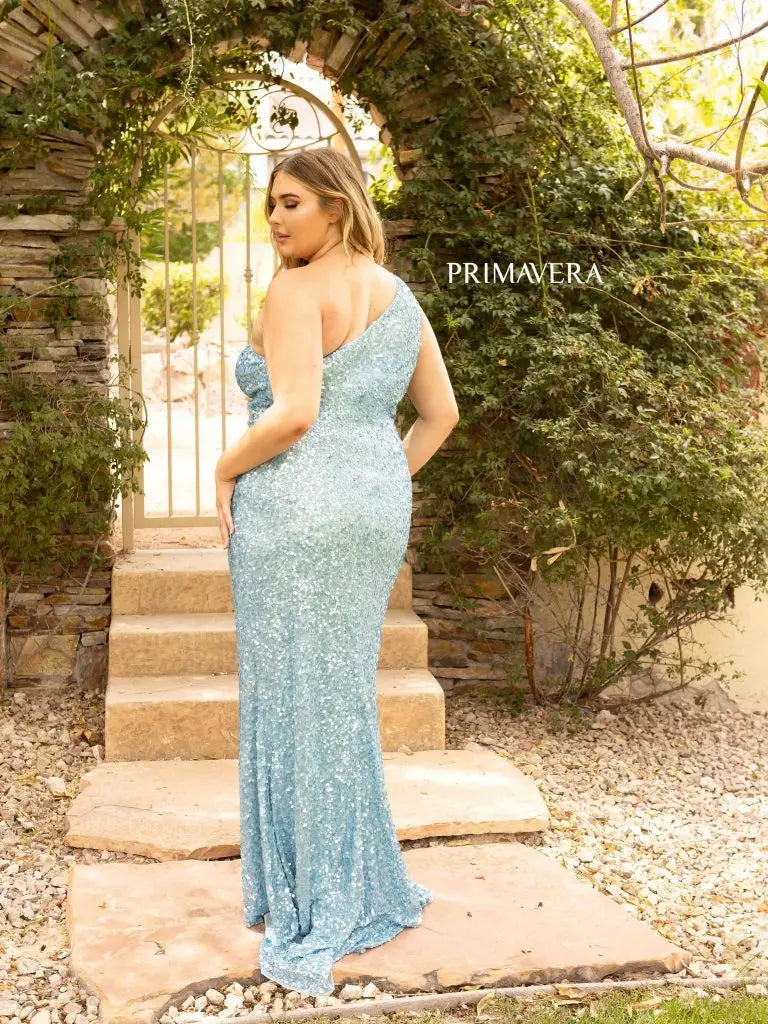Primavera Couture 14004 Long Fitted One Shoulder Sequin Plus Size Prom Dress Formal Gown  Sizes: 000,00,0,2,4,6,8,10,12,14,16,18,20,22,24  Colors: NEON SAGE, BRIGHT BLUE, NEON PINK, RED, GOLD, BABY PINK, ORANGE