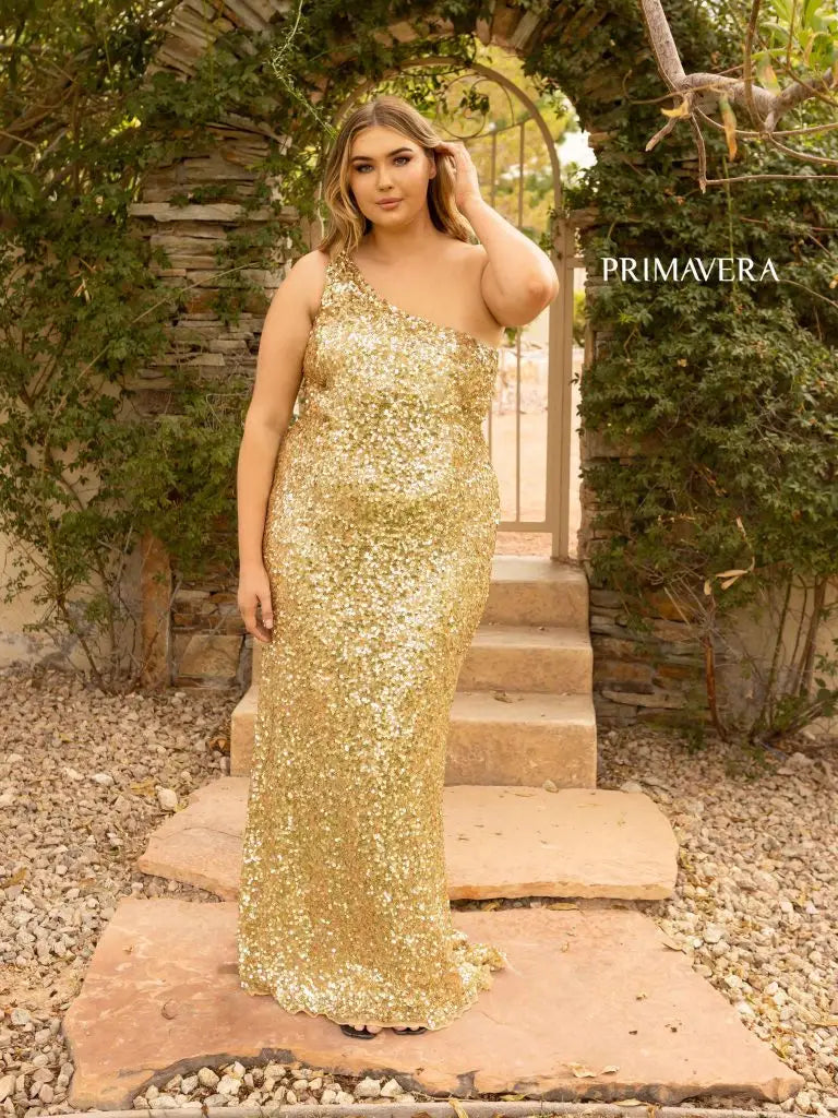 Primavera Couture 14004 Long Fitted One Shoulder Sequin Plus Size Prom Dress Formal Gown 20 / Gold Primavera Couture 14004 Long Fitted One Shoulder Sequin Plus Size Prom Dress Formal Gown 20 / Gold