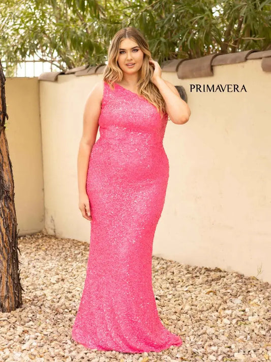 Primavera Couture 14004 Long Fitted One Shoulder Sequin Plus Size Prom Dress Formal Gown  Sizes: 000,00,0,2,4,6,8,10,12,14,16,18,20,22,24  Colors: NEON SAGE, BRIGHT BLUE, NEON PINK, RED, GOLD, BABY PINK, ORANGE