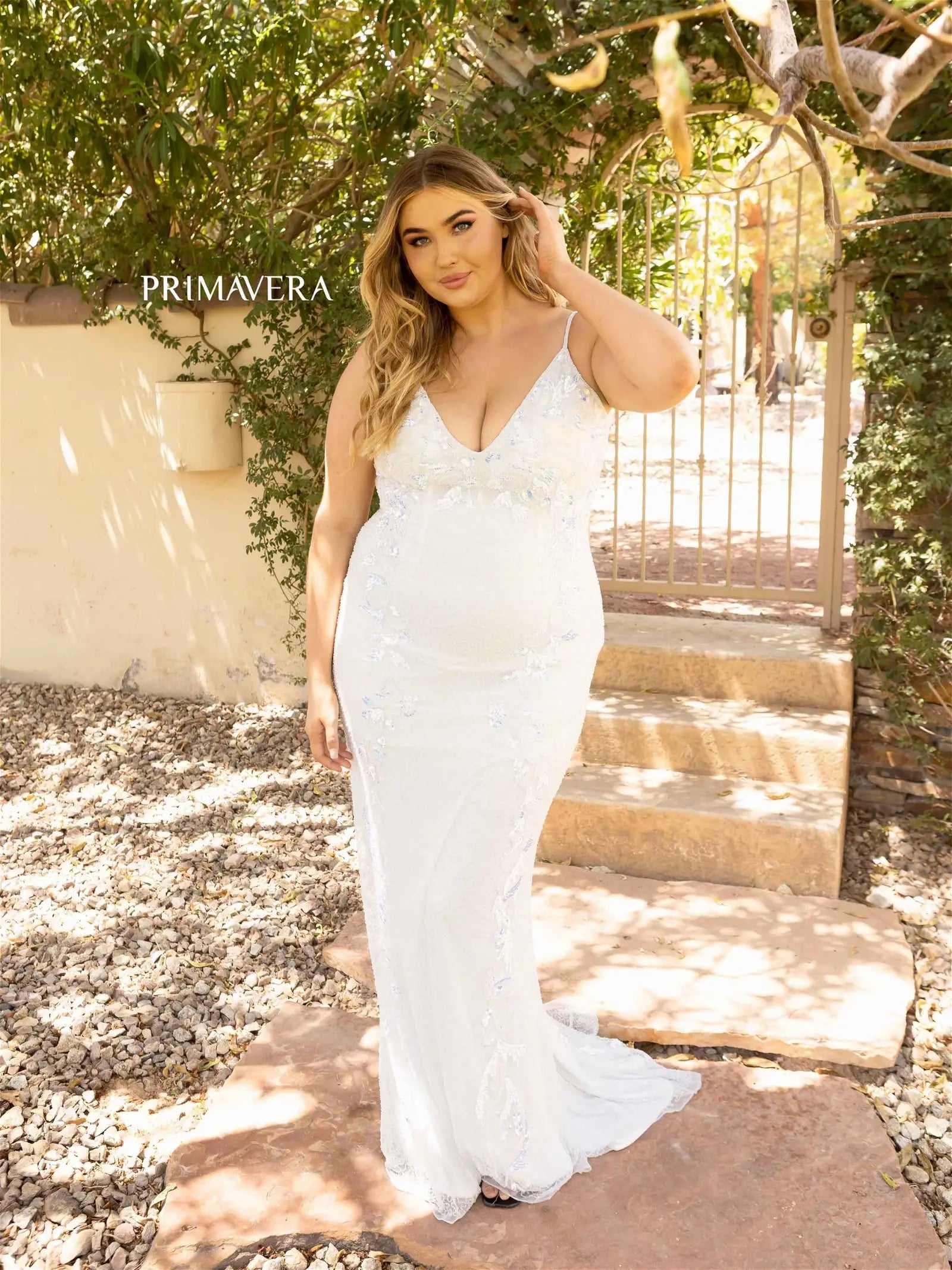 Primavera Couture 14005 Long Beaded Sequin Fitted Plus Size Prom Dress Formal Gown 18 / IVORY