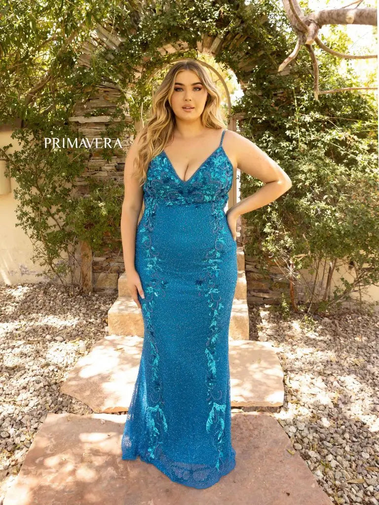 Primavera Couture 14005 Long Beaded Sequin Fitted Plus Size Prom Dress Formal Gown  Sizes: 14-24  Colors: IVORY,PEACOCK,MIDNIGHT