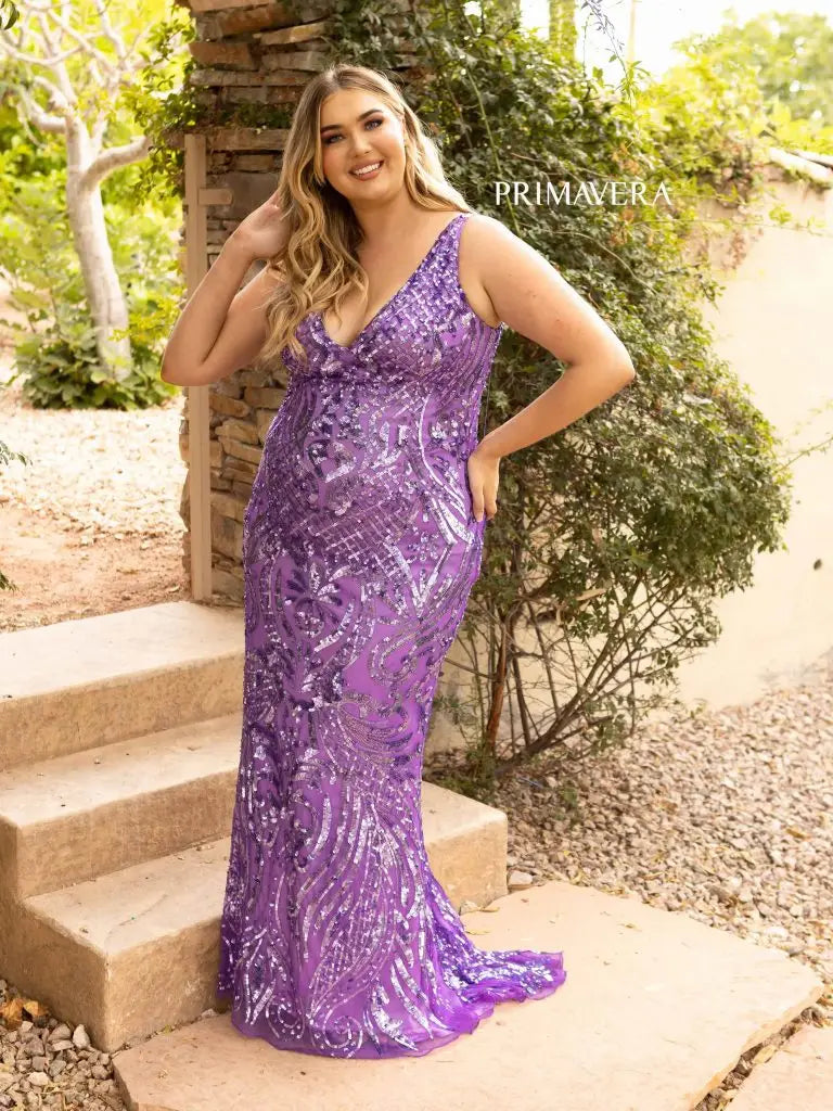 Primavera Couture 14008 Long Fitted Plus Size Sequin Prom Dress V Neck Formal Gown  Sizes: 14-24  Colors: Lilac, Emerald, Coral